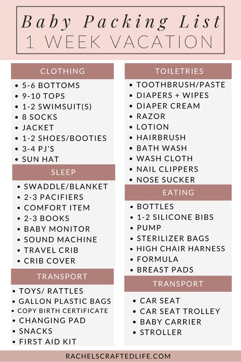 Baby Packing List for Your Next Family Vacation - Rachel's Crafted Life Newborn Packing List Travel, Newborn Travel Packing List, Baby Registry Checklist Minimalist, Baby Packing List Travel, Baby Travel Checklist, Baby Packing List, Holiday Packing Lists, Baby Vacation, Beach Vacation Packing