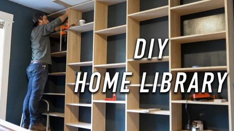 Building Custom Built-In Bookshelves Diy Full Wall Bookshelves, Bookcase Building Plans, Build Bookshelf Wall, How To Build A Bookshelf Wall, Full Wall Bookshelf Living Room, Diy Bookcase Wall, Full Wall Bookcase, Full Wall Bookshelf, Bookshelf Build