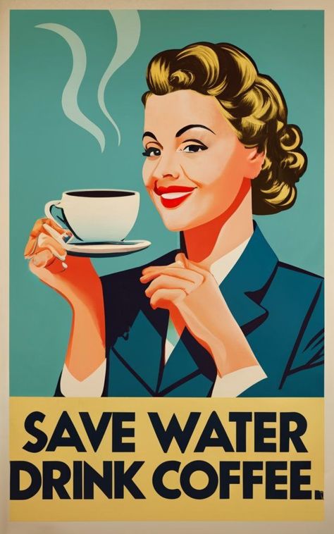 Kaffe Humor, Vintage Coffee Poster, Coffee Van, Funny Coffee Quotes, Save Water Drink, Retro Cafe, Coffee And Donuts, Water Drink, Coffee Poster