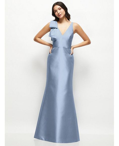 Alfred Sung Women's Deep V-back Satin Trumpet Dress with Cascading Bow at One Shoulder - Macy's Flare Maxi Dress, Dessy Collection, Alfred Sung, Trumpet Dress, Trumpet Gown, Trumpet Skirt, Floor Length Skirt, Junior Bridesmaid, A Line Gown