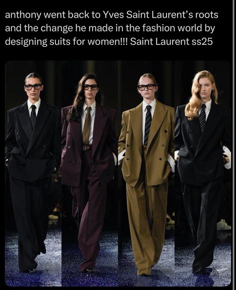 anthony went back to Yves Saint Laurent’s roots and the change he made in the fashion world by designing suits for women!!! Saint Laurent ss25 @ysl @anthonyvaccarello Saint Laurent Outfit Woman, Ysl Suit Women, Ysl Tuxedo Women, Ysl Blazer Women, Ysl Tuxedo, Ysl Suit, Yves Saint Laurent Suit Woman, Saint Laurent Outfit, Ysl Aesthetic