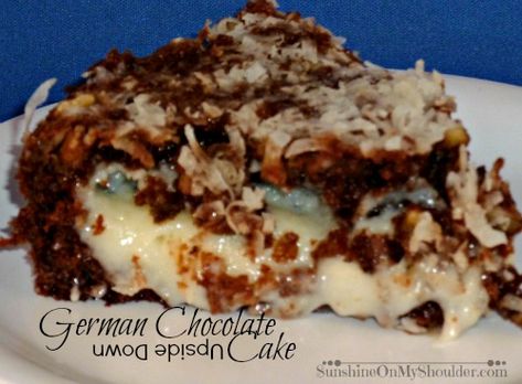 German Chocolate Upside Down Cake solar cooking recipe Upside Down German Chocolate Cake Recipe, Upside Down German Chocolate Cake, German Chocolate Upside Down Cake, Chocolate Upside Down Cake, German Chocolate Cake Recipe, Amazing Cupcakes, German Chocolate Cake Mix, Desert Ideas, Desserts Cake