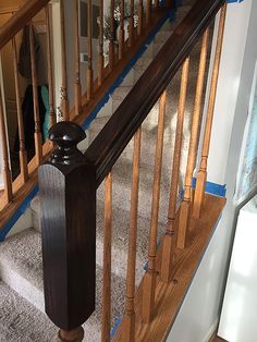 Gel Stain Banister Stairs, Java Gel Stain Staircase, Refinish Oak Stair Railing, Gel Stain Stair Rail, How To Paint Banister, Painting Wood Banister, Staining Stair Rail, Budget Stair Makeover, Refinish Banister