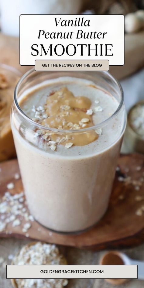 This vanilla peanut butter breakfast smoothie is the perfect breakfast choice when you are short on time and need a healthy carb/high protein boost. This versatile recipe makes a quick and healthy snack to fight your "hangry" between meals. Try this smoothie post-workout to help your body to recover more quickly. Just add a scoop of your favorite protein powder, and blend away! Peanut Butter Breakfast Smoothie, Vanilla Protein Smoothie, Protein Powder Smoothie, Peanut Butter Breakfast, High Protein Smoothies, Vanilla Smoothie, Peanut Butter Smoothie, Protein Smoothie Recipes, Smoothie Drink Recipes