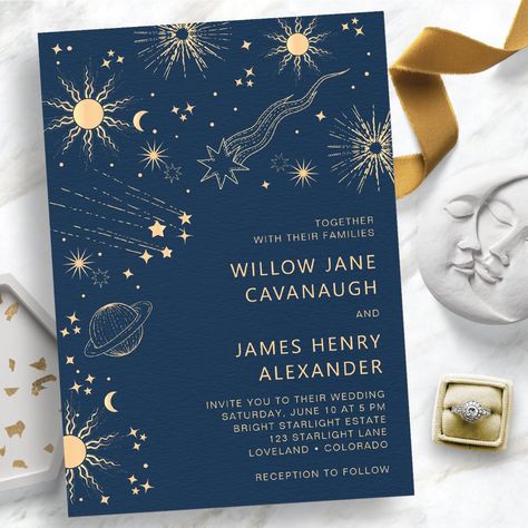 Add a touch of cosmic elegance to your event with our Celestial Blue Wedding Invitation. Immerse yourself in the enchanting simplicity of our design, reflecting the mesmerizing magic of celestial bodies. Our trendy yet timeless design showcases a suns, moons, stars, and a planet artistically rendered in gold on a striking navy blue backdrop. This touch of gold adds a hint of warmth and twinkling charm to the cool midnight blue base, further enhancing the inviting allure of the piece. The design Space Wedding Invitations, Blue Winter Wedding Invitations, Space Wedding Cake, Celestial Masquerade, Black Celestial Wedding, Celestial Invitations, Midnight Blue Wedding Theme, Vintage Celestial Wedding, Celestial Wedding Invitations