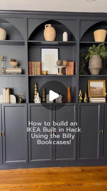 IKEA Hacks & Ideas | Home Inspiration | Houseware & more on Instagram: "⚒️💪🏻 Built-in with IKEA BILLY 📚  @theedgewoodhome shows us her built-in look with IKEA BILLY Bookcases. She attached also arches on the top for even a more steady look before painting everything.   How do you like it?   For more IKEA hacks hope over to her page and follow @theedgewoodhome   #ikeahack #ikeahacksdiy #billybookcase #billybookcasehack #billyhack #ikeabilly #ikeabillybookcase #builtins #builtinshelves #builtinbookshelves 📚⚒️💪🏻" Bookcase Hacks Ikea, Ikea Entertainment Unit Hack Billy, Ikea Billy Bookshelf Hack, Make Bookshelves Look Built In, Ikea Tv Unit Hack Billy Bookcases, Make Ikea Look Built In, Cheap Built In Bookshelves, Built In Look Bookshelves, Billy Hack Built In