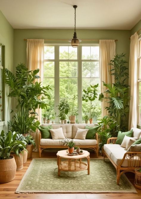 Living Room With House Plants, Cosy Living Rooms Ideas, Forest Living Room Decor, Pistachio Green Room, Living Room Nature Theme, Green Wall Living Room Ideas, Green Office Room, Jade Green Living Room, Green Cozy Living Room