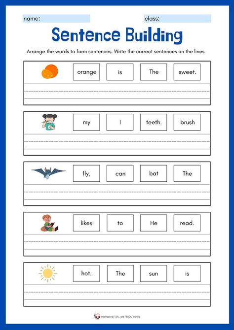 Teaching Sentence Writing, Teaching Sentences, Sentence Building Worksheets, Writing Sentences Worksheets, Sentence Writing Activities, Making Sentences, Teach English Online, First Grade Reading Comprehension, Sentence Activities