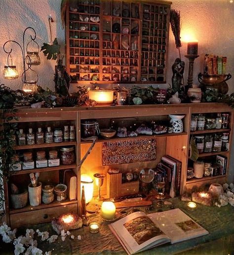 Witches Society 🔮 on Instagram: “What an enchanting altar! There’s all sorts of wonderful crystal specimens and magical supplies on display, I’d spend hours taking photos…” Altar Inspiration, Witchy Room, Witch Room, Pagan Decor, Gems Crystals, Wiccan Decor, Witch Cottage, Witchy Aesthetic, Wiccan Altar