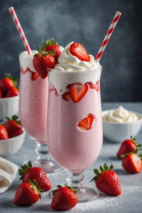 A photo of a  Strawberry Milkshake which is a type of strawberry desserts Sweet Treat Aesthetic, Strawberry Beverages, Healthy Strawberry Desserts, Fun Dessert Ideas, Milkshakes Recipes, Desserts For Birthdays, Unique Beverages, Kids Milkshake, Milkshake Ideas