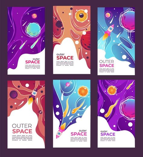 Outer space and universe covers with planets and rockets Space Typography Design, Couple Office, Space And Universe, Space Poster Design, Outer Space Design, Universe Poster, Universe Theme, Magazine Cover Page, Magazine Front Cover