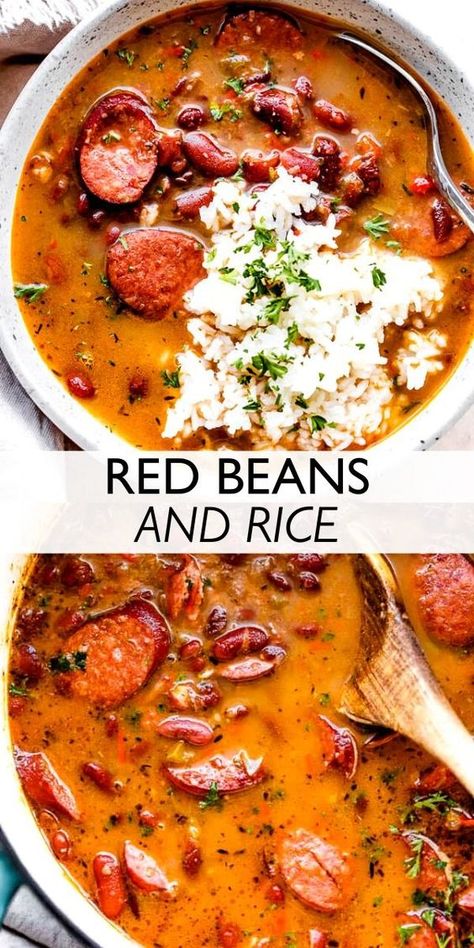 Louisiana Red Beans and Rice is a classic Southern comfort food dish prepared with tender red beans, spicy Andouille sausage, onions, celery, bell peppers, and served over hot rice Mississippi Recipes Southern Style, Spanish Food Recipes Mexico, Country Meals Southern Style, Country Dinner Recipes, Southern Red Beans And Rice Recipe, Southern Red Beans And Rice, Southern Red Beans, Louisiana Red Beans And Rice Recipe, Louisiana Red Beans And Rice