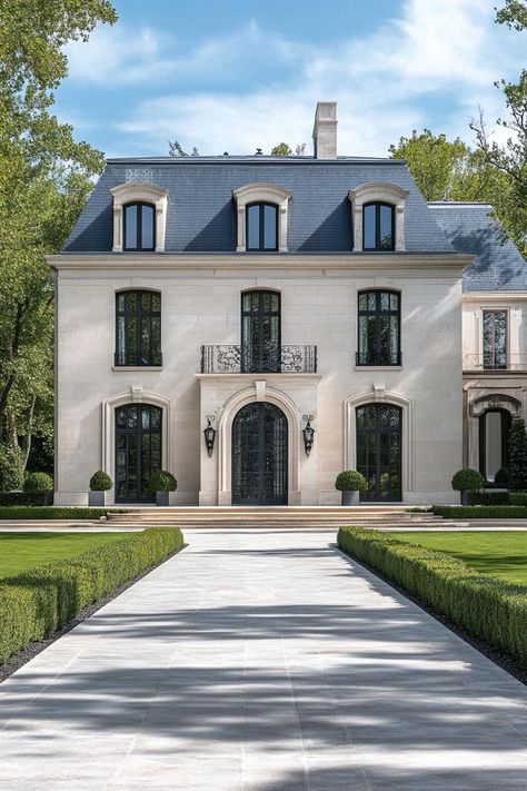 Modern French chateau. Check out all of these lavish luxurious European houses that are real masterpieces. Small French Chateau House Plans, French Luxury House, Small Chateau House Plans, European Colonial House, European House Style, Single Story French Country Exterior, Modern Chateau House Plans, French Chateau Plans, French Architecture Exterior