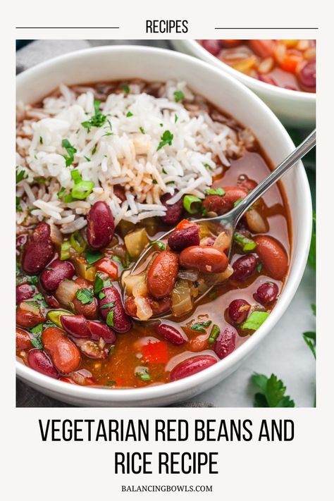 If you're looking for a hearty, satisfying meal that’s packed with flavor, this vegetarian red beans and rice recipe is perfect for you! This dish brings the spirit of New Orleans to your kitchen with bold spices, tender red beans, and fluffy rice. This dish is a plant-based powerhouse, perfect for any day of the week, and packed with all the rich flavors of traditional Louisiana cuisine without the meat. Bean Entree Recipes, Red Kidney Bean Soup, Vegetarian Red Beans And Rice Recipe, Vegetarian Red Beans And Rice, Red Beans And Rice Recipe Vegetarian, Beans And Rice Recipes, Kidney Bean Soup, Vegetarian Gumbo, Red Beans Recipe