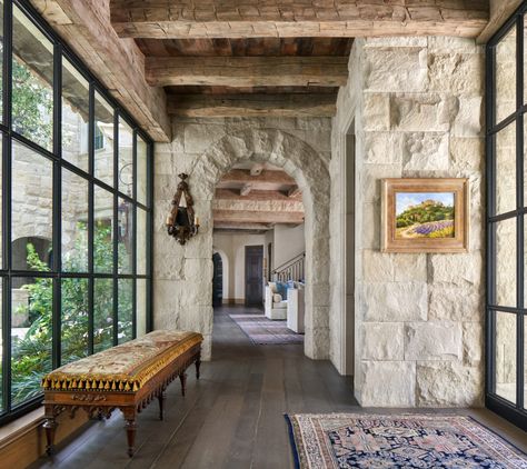 Horseshoe Bay All Stone House Exterior, French Limestone Fireplace, Mediterranean Inspired Home, Stone Entryway, Tuscan Interior, Mediterranean Living Room, Stone Archway, Mediterranean Style Home, Mediterranean Living