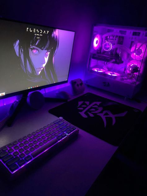 Computer Gamer Aesthetic, Purple Gaming Room Setup, Purple And Black Pc Setup, Black And Purple Setup, Purple Setup Gaming, Gamer Room Purple, Desk Setup Purple, Purple Set Up, Pc Builds Gaming