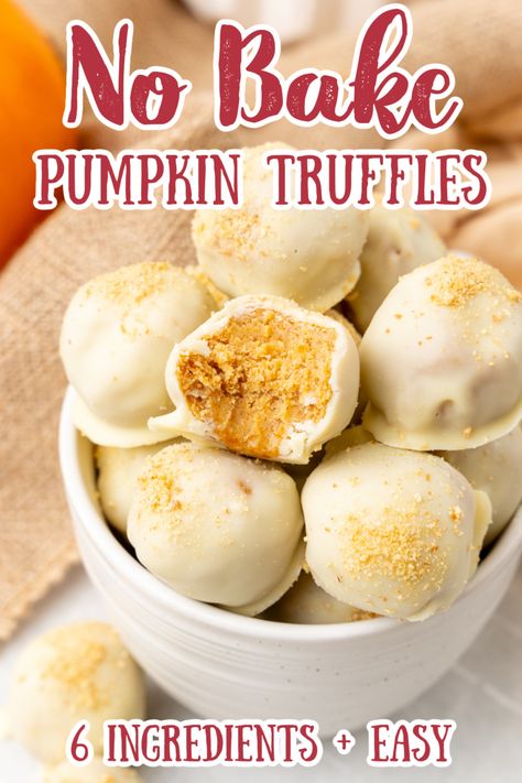 Pumpkin Truffles – All of your favorite pumpkin cheesecake flavors in a truffle! Pumpkin puree, pumpkin pie spice, white chocolate, cream cheese, and more all blended together and rolled into balls before being coated in white chocolate. Perfect to make for Thanksgiving or any fall event! Truffle Recipes | Pumpkin Desserts | No Bake Pumpkin Desserts #truffles #pumpkin #fall #dessert White Chocolate Pumpkin Balls, White Chocolate Pumpkin Truffles, Thanksgiving Baked Desserts, Thanksgiving Truffle Balls, Pumpkin Cream Cheese Truffles, Easy Pumpkin Truffles, Pumpkin Cheesecake Truffle Balls, Pumpkin Mold Desserts, Jetpuffedmarshmellows Recipes