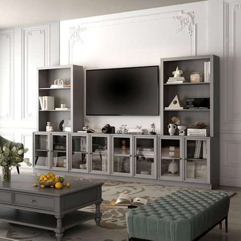 Amazon.com: FAMAPY Entertainment Center with Bookshelves & Glass Doors, Living Room Entertainment Center with Bridge, Hutch Space for TV, Wood Grain Grey (126”W x 15.7”D x 70.9”H) : Home & Kitchen Bookshelves Glass Doors, Game Room Entertainment Center, Glass Doors Living Room, Entertainment Center With Bookshelves, Doors Living Room, Tv Console Modern, Living Room Entertainment Center, Tv Console Table, Living Room Entertainment