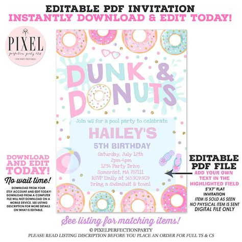 Dunk And Donuts Pool Party Invitation Donut Pool Party Donut Pool Party, Unicorn Pool Party, Donut Pool, Donut Birthday Party, Pool Party Birthday Invitations, Swimming Party, Donut Birthday Parties, Donut Birthday, Pool Party Decorations