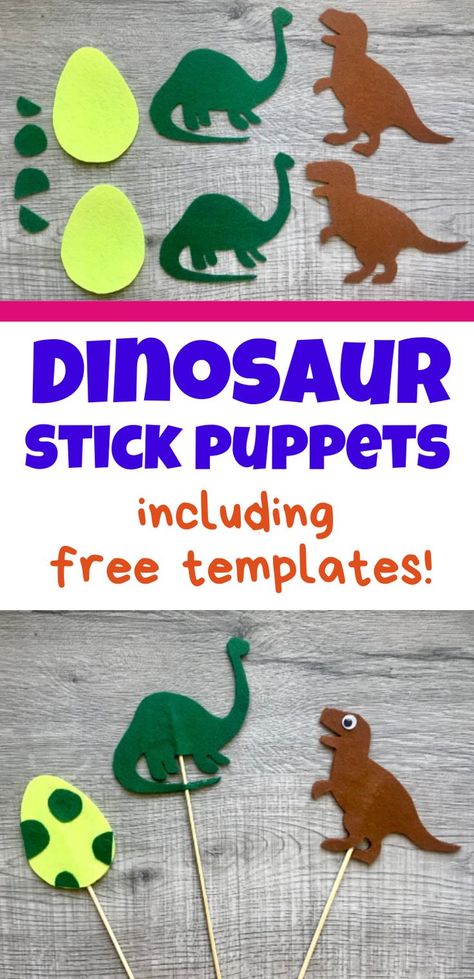 Easy Kids Crafts -- Dinosaur & Egg Stick Puppets -- These puppets are made of felt and skewers or popsicle sticks. Includes free templates Crafts Dinosaur, Dinosaur Crafts Kids, Felt Dinosaur, Dinosaur Puppet, Easy Kids Crafts, Easy Preschool Crafts, Free Printable Templates, Puppets For Kids, Puppets Diy