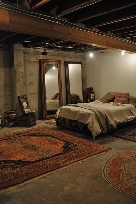 Finished Basement Aesthetic, Unfinished Bedroom Ideas, Unfinished To Finished Basement, Turning A Basement Into A Bedroom, Convert Basement To Bedroom, How To Make An Unfinished Basement Livable, Exposed Ceiling Basement Ideas, Unfinished Walls Interiors, Unfinished Basement Closet Ideas