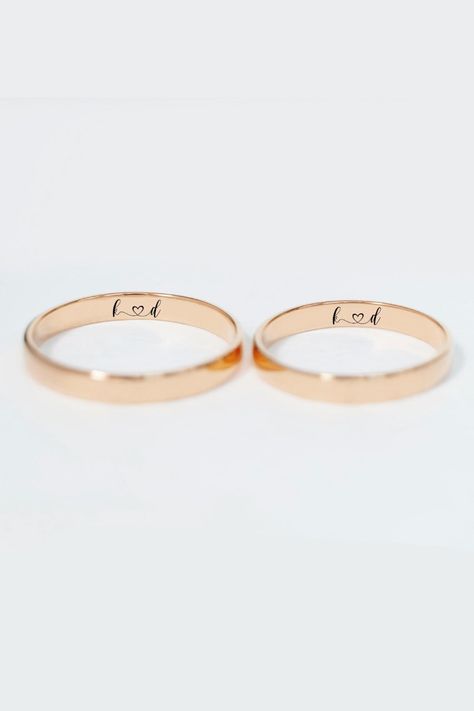 14k Rose Gold Band (Also available in White and Yellow Gold, Please select at checkout) Style: Flat Width: 3mm Metal: 14k Rose Gold Finish: Polish Ring can be resized from 3-12, Metal can be made in 14, 18K/ White, Yellow and Rose Gold. Wedding Bands Rose Gold, Couple Rings Gold, Rings For Couples, Couple Ring Design, Couple Band, Ring Couple, Engraved Wedding Rings, Cool Wedding Rings, Letter Ring