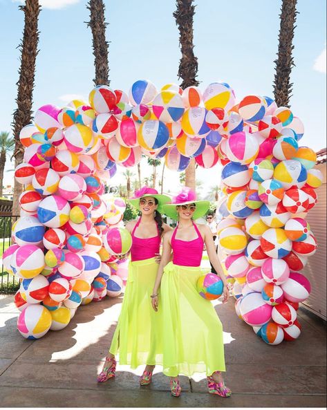 Beach Ball Party Arch, Beach Ball Window Display, Beach Ball Balloon Arch, Beach Ball Arch Diy, Beach Ball Backdrop, Beach Ball Arch, Hanging Art Installation, Welcome To August, Tropical Event