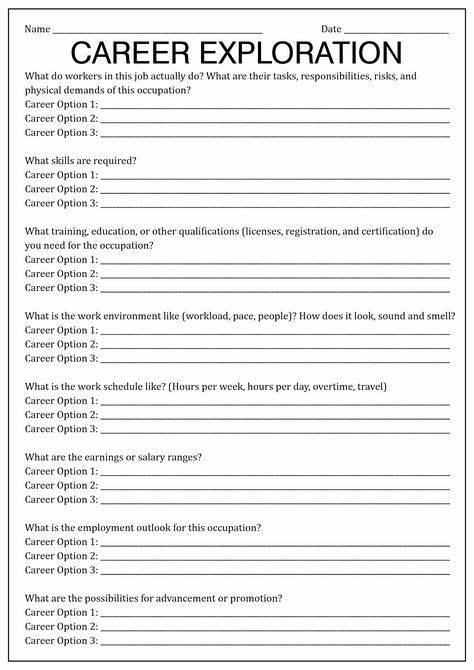 Financial Literacy For College Students, Career Exploration Worksheet High School, Career Interest Inventory High School, Career Exploration Activities Middle School, Career Worksheets For Middle School, Career Investigation Middle School, Career Planning Template, High School Career Exploration, Career Planning Worksheets