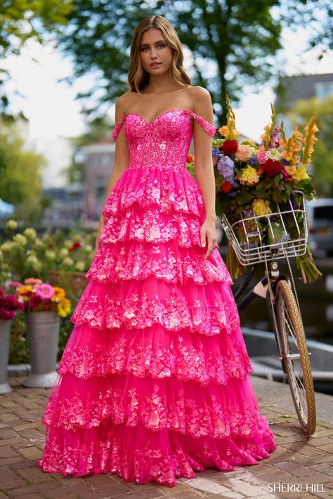 Lace Prom Gown, Sequin Ball Gown, Sherri Hill Prom, Off Shoulder Gown, Lace Evening Gowns, Sherri Hill Prom Dresses, Prom Long, Pink Prom, Cute Prom Dresses