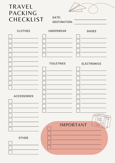 Printable travel packing checklists and worksheets to help you prepare for your next #Organisation #Holiday_Suitcase_Packing_Lists #Travel_Packing_List_Template #Travel_Checklist_Template Travel Packing List Template, Packing List For Vacation 10 Days, Travel Checklist Template, Pack List For Travel, List For Traveling Packing, Trip Checklist Travel Packing, Printable Packing List For Vacation, Travel List Packing, Blank Packing List