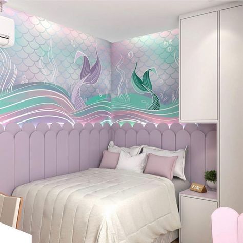 6,592 Likes, 115 Comments - Interior Design | Kids Decor (@decor_for_kids) on Instagram: “Check out that wall!😍💜💜 Via @ideiasparaquartosdebebe” Mermaid Room Ideas Kids, Little Mermaid Bedroom, Mermaid Decor Bedroom, Mermaid Room Decor, Designer Bedroom, Mermaid Bedroom, Mermaid Room, Bedroom Images, Dekorasi Kamar Tidur