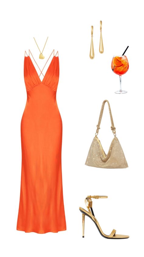 vacation night out outfit🧡 Tropical New Years Eve Outfit, Night In Miami Outfit, Cancun Outfits Night Resort Wear, Sunset Dinner Outfit, Miami Nightlife Outfits, Resort Dinner Outfit Night, Cruise Formal Night Outfit Women, Orange Dress Aesthetic, Resort Dinner Outfit