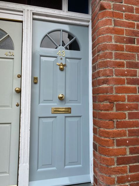 New front door, September 2020 Coloured Front Door Brick House, Pale Blue Front Door, Pastel Front Door, Light Blue Front Door, Light Blue Door, Front Door Colours, New Front Door, Blue Front Door, Front Door Paint Colors