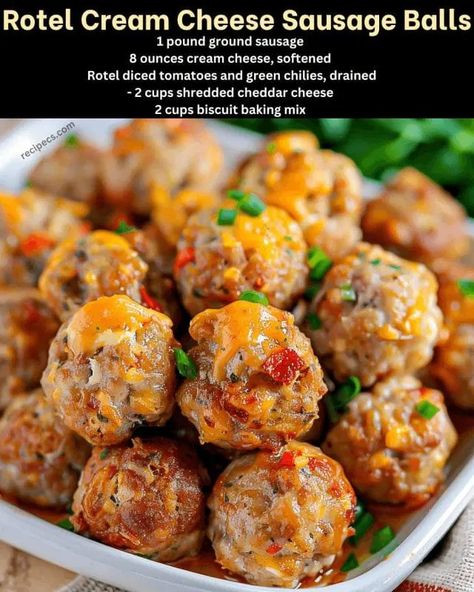 When it comes to comfort food with a touch of Southern charm, Rotel Cream Cheese Sausage Balls are a standout. These delicious bites combine the savory flavor of sausage, the creamy richness of cheese, and the zesty kick of Rotel tomatoes and green chilies, all wrapped up in a fluffy biscuit mix. They're the perfect appetizer for gatherings, parties, or just a cozy night in with family. My first encounter with sausage balls was at a holiday party, where a friend brought a platter of these irresi Cream Cheese Sausage Balls Bisquick, Gf Appetizers, Cheese Sausage Balls, Cream Cheese Sausage, Sausage Balls Bisquick, Work Snacks, Sausage Bites, Rotel Recipes, Cream Cheese Sausage Balls