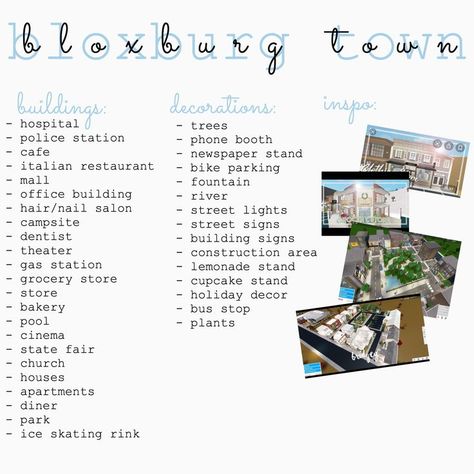 Bloxburg Town Decorations, Town Names For Bloxburg, Blox Burg Town Ideas, Bloxburg Town Themes, Bloxburg Town Park Ideas, Bloxburg Town Layout Ideas Big Plot, City Layouts For Bloxburg, Boo Burg School Layout, Bloxburg Police Decals