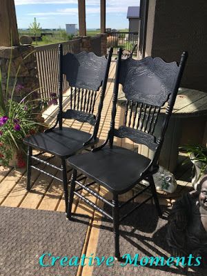 Painting Oak Chairs Black, Painted Pressed Back Chairs, Press Back Chair Makeover, Press Back Chairs, Pressback Chairs, Chair Restoration, Ikea Coffee Table, Black Painted Furniture, Dining Table Makeover