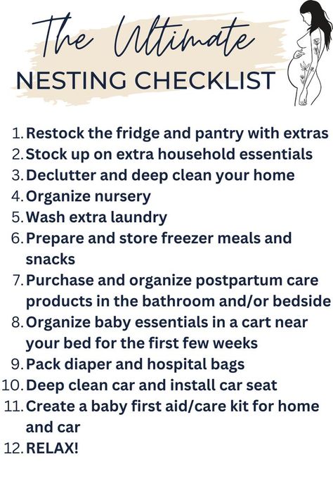 A nesting checklist is listed out one through twelve as a free printable. Nesting Schedule, Pregnancy Nesting Checklist, Nesting Party Ideas Checklist, Nesting To Do List, Nesting Shower Ideas, Nesting Checklist Before Baby, Nesting Party Checklist, Nesting Organization, Nesting Aesthetic