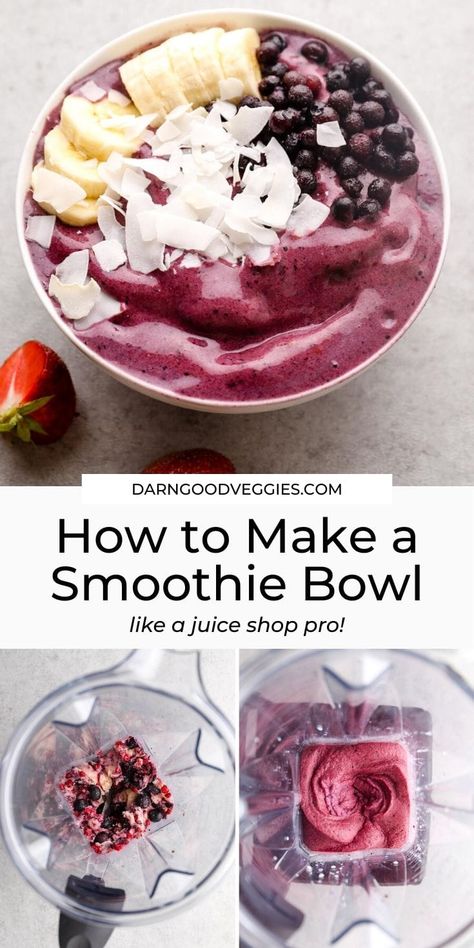 How to Make a Smoothie Bowl - an easy guide to make juice-shop worthy smoothie bowls at home in four simple steps! Customize it with your fruit and toppings of choice! Acai Berry Smoothie, Smoothie Bowl Vegan, Berry Smoothie Bowl, Gluten Free Smoothie, Smoothies Vegan, Vegan Smoothie Bowl, Breakfast Smoothie Bowl, Banana Smoothie Bowl, Acai Smoothie Bowl