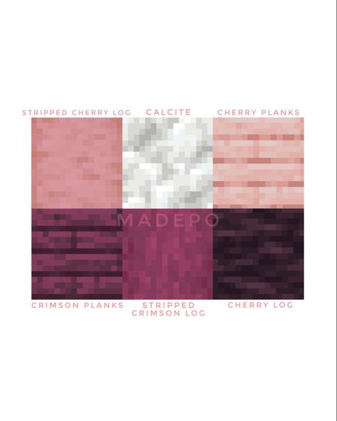 Minecraft 1.20 Cherry Grove Palette including cherry planks, cherry logs, stripped cherry logs, calcite, crimson planks, and stripped cherry logs! Follow for more :) update, mcyt, mc, cute, aesthetic, cottagecore, pink, cherry, wood, pinkcore, digital art, digital, color, blocks, building, minecrafr builds Minions, Minecraft Block Palette Crimson, Minecraft 1.20 Cherry Blossom House, Pink Blocks Minecraft, Minecraft Japanese Block Palette, Minecraft New Update 1.20, Minecraft Builds With Cherry Wood, Minecraft 1.20 Block Palette, Cherry Blossom Colour Palette Minecraft