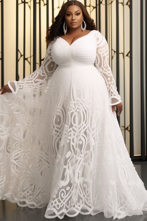 White V Neck Long Sleeve, Long Sleeve Maxi Dresses, Engagement Gowns, Plus Wedding Dresses, Plus Size Brides, White Ball Gowns, Wedding Dress Cake, Civil Wedding Dresses, Plus Size Wedding Gowns