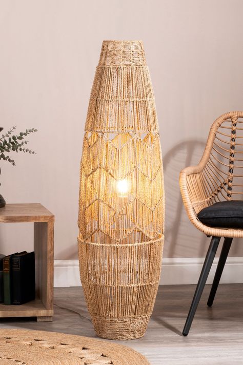 Rattan Lamp In Bathroom, Basket Floor Lamp, Boho Standing Lamp, Boho Floor Lamp Living Room, Natural Materials Interior Design, Boho Lamps Bohemian Decor, Boho Lamp Shades, Bohemian Lights, Bohemian Floor Lamp