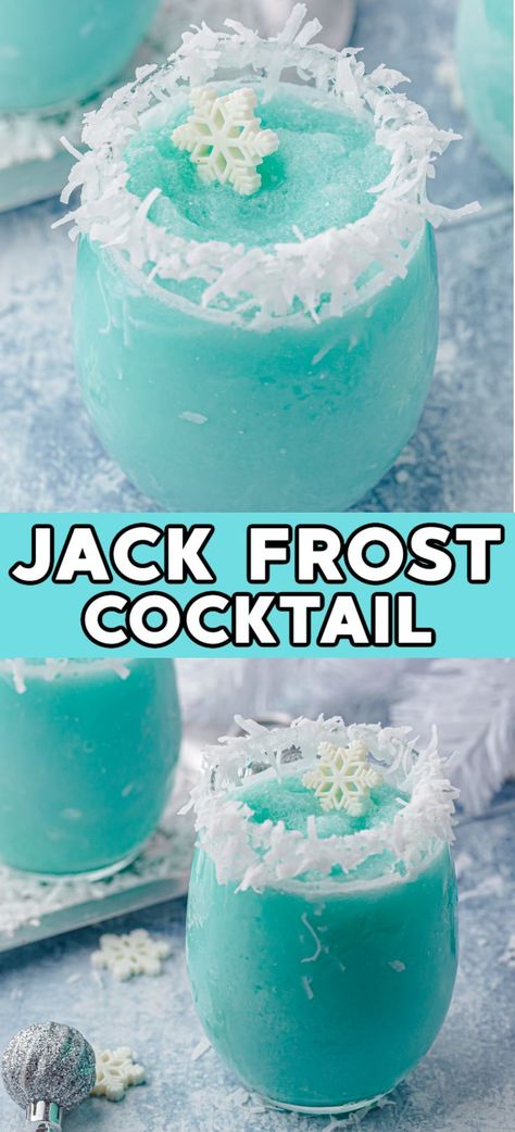 Jack Frost Cocktail – This icy frozen blue Christmas cocktail is your new favorite way to get the holiday party started! It’s the ultimate wintertime drink that tastes…tropical!! Teal Cocktail Drink, Frozen Vodka Cocktails, Blue Christmas Drinks Holiday Cocktails, Blue Holiday Drinks, Frozen Christmas Drinks, Jack Frost Drink Recipe, Christmas Themed Drinks For Kids, Frozen Party Drinks, Blue Mixed Drinks Alcohol