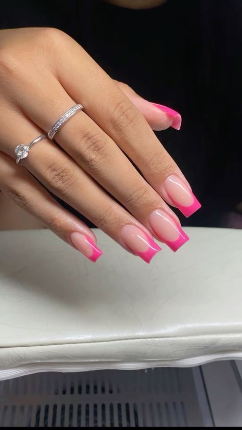 Acrylic Nail Designs Pink French Tips, French Tips Acrylic Pink, French Tip 1.5, French Nail Pink Tips, Pink With French Tip Nails, Pink And Pink French Nails, Pink French Tip Nails Medium Length, Light Pink Nails With Dark Pink Tips, Bright Pink French Tip Nails Square