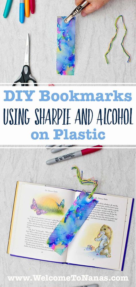 Colorful DIY bookmarks use the Sharpie and Alcohol technique on recycled milk jug plastic. Make cute gifts for students or yourself! #WelcometoNanas #DIYBookmark #ReaderGift #PlasticBookmarks #KidCraft Fairy Bookmarks Diy, Book Mark Crafts For Kids, Recycled Bookmarks, Diy Bookmarks Kids, Diy Bookmarks For Kids, Laminating Crafts, Bookmarks Diy Kids, Bookmark Easy, Homemade Bookmarks