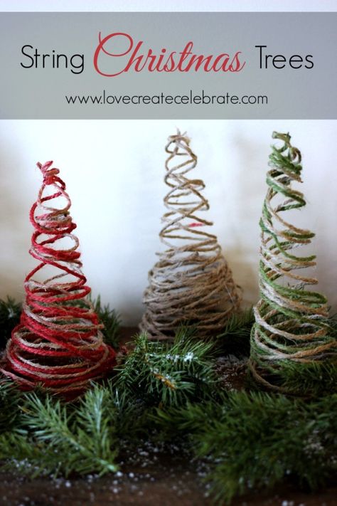 String Christmas Trees - Love Create Celebrate Tinsel Tree, Yarn Wreath, Tabletop Christmas Tree, Christmas Tree Crafts, Paper Christmas Tree, Paper Tree, Simple Christmas Tree, Holiday Centerpieces, Tree Crafts