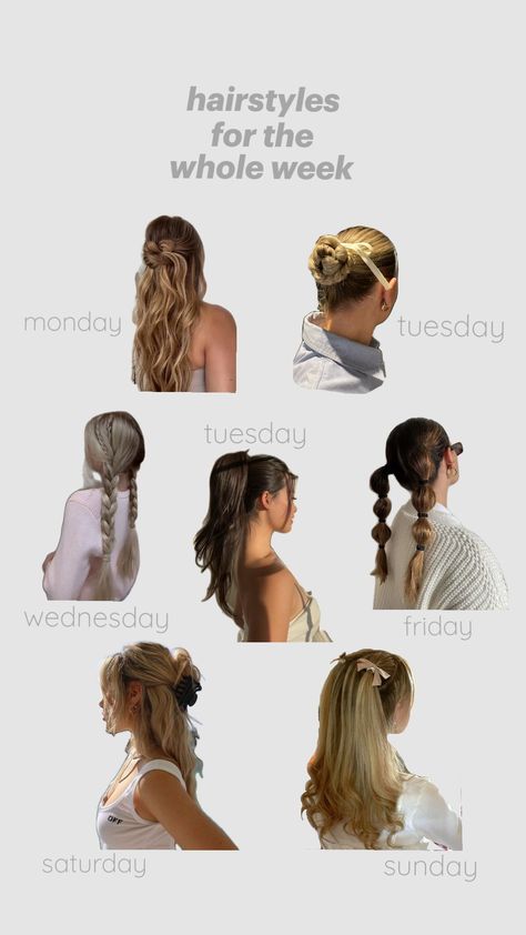 hairstyles for the whole week #hairstyles #hairstyle #hairinspo #hair #week #cleangirl #haileybieber Fair Day Hairstyles, Country Club Hairstyles Spirit Week, Cute Hairstyles For Long Hair Half Up Half Down, Ipod Hairstyles, Hairstyles With Helmets, 7 Days Of Hairstyles, Hairstyles For Every Day Of The Week, Day Of The Week Hairstyles, Costal Granddaughter Hairstyles