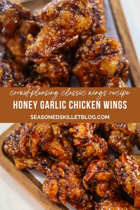 Sticky Honey Garlic Wings Crispy Honey Garlic Chicken Wings, Garlic Fried Chicken Wings, Sticky Chicken Wing Recipes, Sauce Recipes For Chicken Wings, Sticky Wings Recipe Honey, Korean Fried Wings, Boneless Wing Sauce Recipes, Honey Garlic Chicken Wings Sauce, Fried Chicken Party Wings