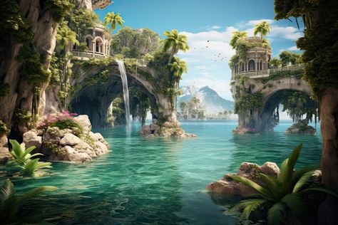 #tropical, #tropicalgetaways Island City Fantasy Art, Fantasy Tropical Village, Tropical Castle Fantasy Art, Island Kingdom Fantasy Art, Tropical Fantasy Aesthetic, Fantasy Island Kingdom, Tropical Island Fantasy Art, Island Village Concept Art, Tropical City Fantasy Art