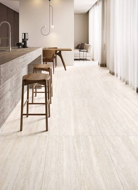 Polished Concrete Kitchen, Travertine Floor Tile, Modern Floor Tiles, Vein Cut, Travertine Floors, Contemporary Floor, Travertine Tile, Porcelain Flooring, Modern Bathroom Design