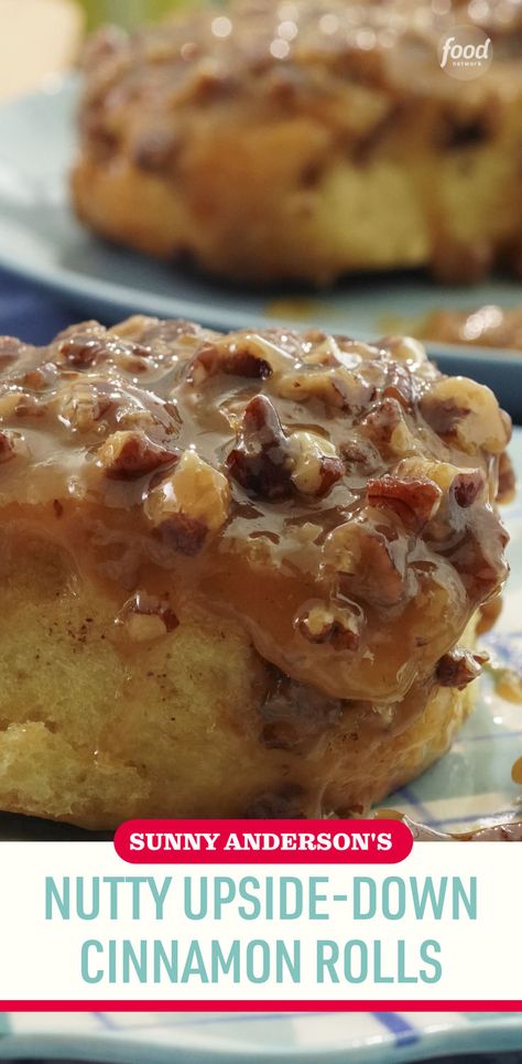 Recipe of the Day: Sunny Anderson's Nutty Upside-Down Cinnamon Rolls 🌀 This is an easy way to get bakery or mall-worthy cinnamon rolls without all the work. A refrigerated tube of cinnamon rolls does the heavy lifting, but homemade caramel and chopped pecans takes it to the next level. Sunny Anderson Nutty Upside Down Cinnamon Rolls, Sunny’s Nutty Upside-down Cinnamon Rolls, Cinnamon Rolls Homemade Pecan, Upside Down Cinnamon Rolls, Nice Desserts, Caramel Cinnamon Rolls, Pillsbury Biscuit Recipes, Easy Cinnamon Rolls, Sticky Rolls